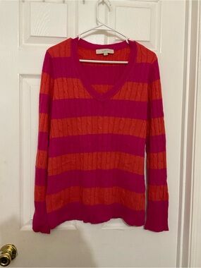 LOFT Women's V-Neck Striped Sweater in Fuchsia and Coral